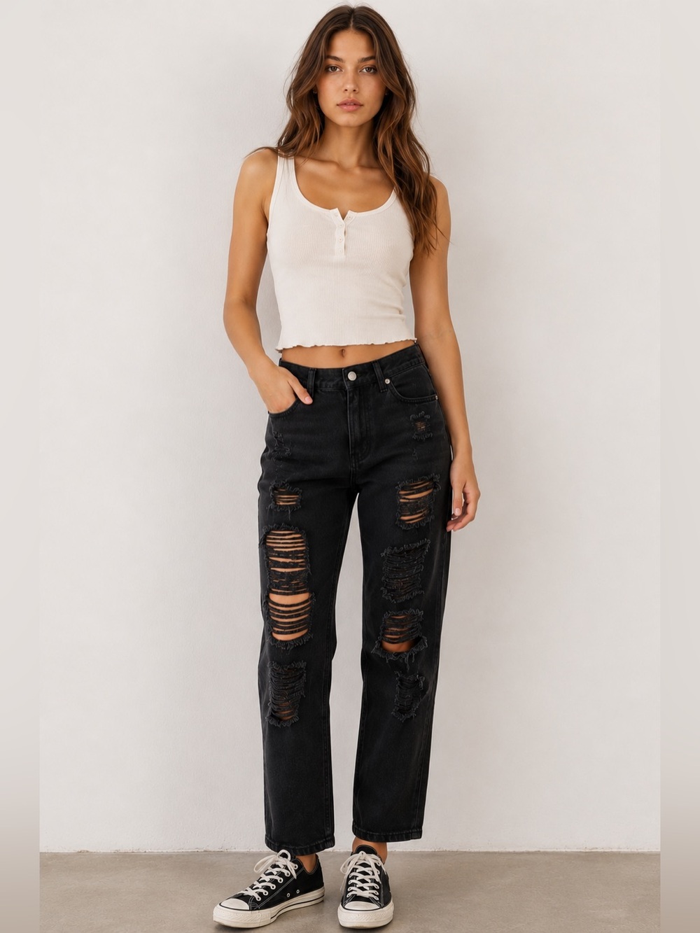 Melville Jeans 26 Buttonfly Black Gray Distressed Denim Ripped Straight Brandy